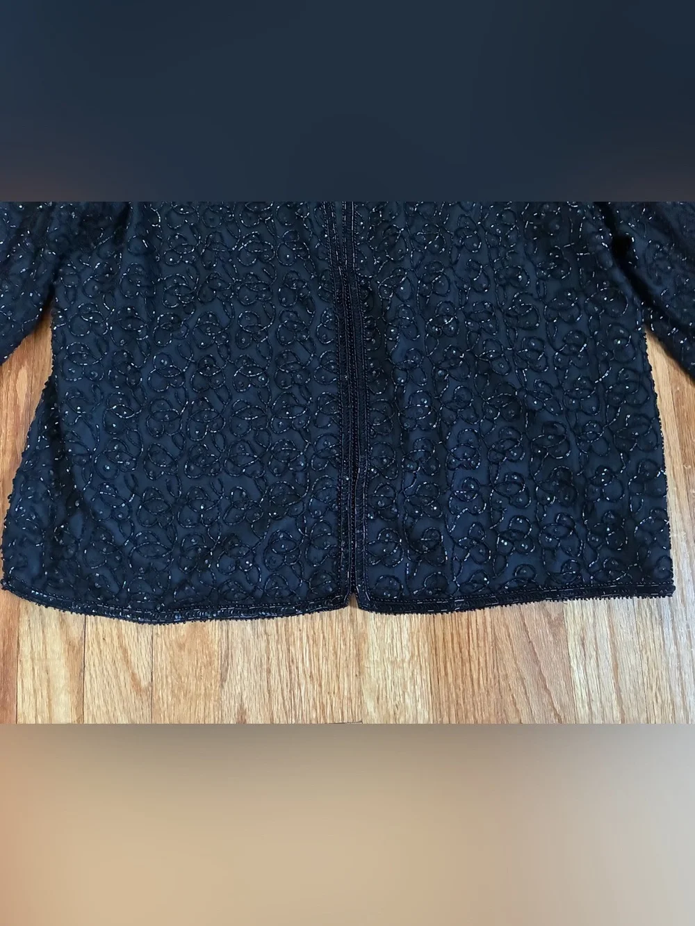 VTG Laurence Kazar Black Beaded Sequin Silk Open Front Lined Jacket Women’s L